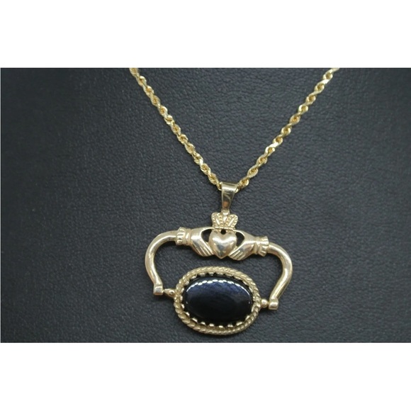 14K YELLOW GOLD GREEN & BLACK ONYX IRISH CLADDAGH PENDANT w/ 14K Gold ROPE CHAIN - Picture 6 of 11